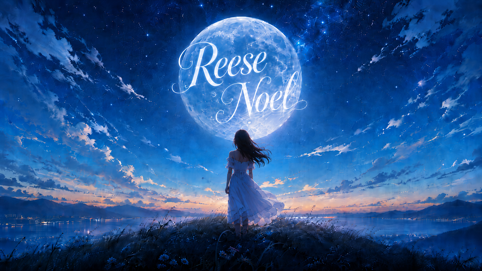 満月と「Reese Noel」のロゴ、丘の上に立つ少女のイラスト